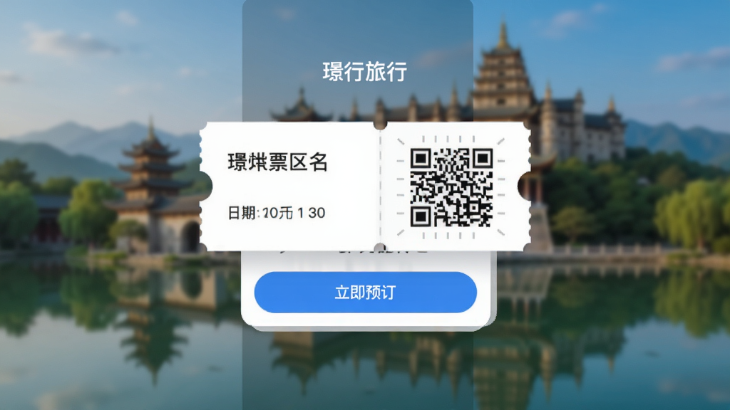 展示行旅行APP票务预订功能的界面,界面中央为一张电子门票样式的卡片,显示景区名称、日期、二维码,背景为模糊的景区风景图,卡片下方有“立即预订”按钮,整体设计清爽,风格简洁,画质干净,包含文字“行旅行”
