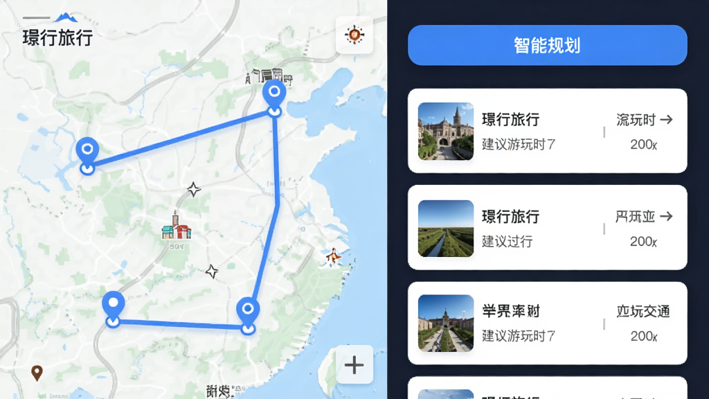 展示行旅行APP行程规划功能的界面,左侧为地图视图,用蓝色线条连接各个景点标记点,右侧为行程列表卡片,显示景点名称、建议游玩时长和交通方式,顶部有“智能规划”按钮,整体设计清晰直观,风格商务简洁,画质干净,包含文字“行旅行”