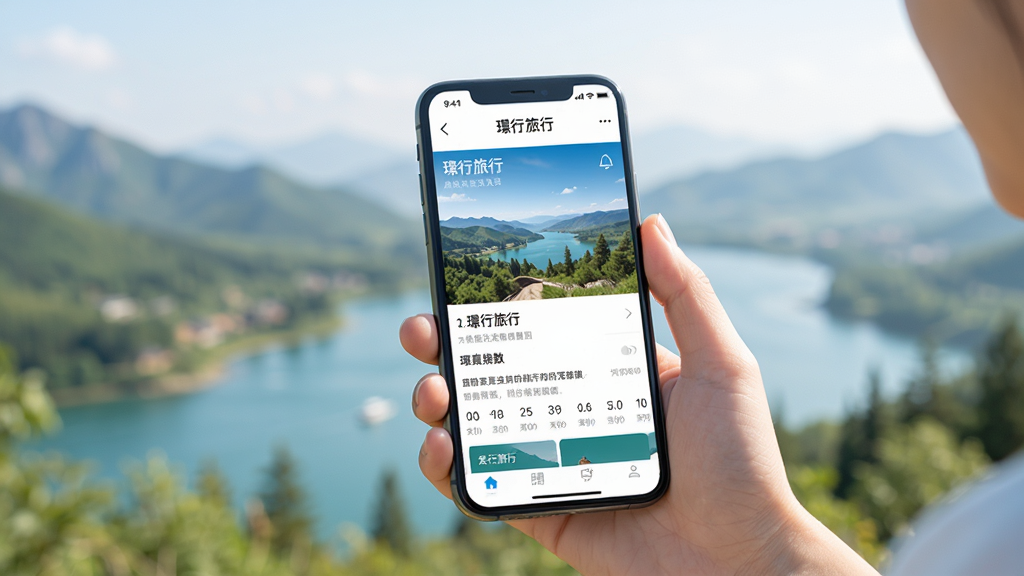 展示用户正在使用行旅行APP的实景图,用户手持手机,屏幕显示景点详情页,背景为模糊的户外风景,画面自然明亮,风格写实,画质清晰干净,无多余元素,包含文字“行旅行”