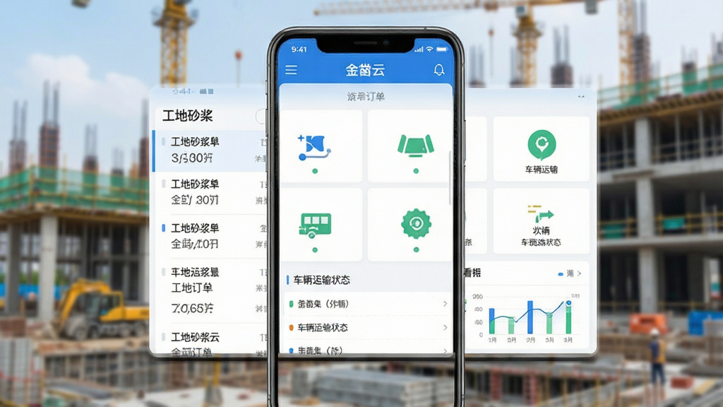 一张展示金凿云软件在智能手机上运行的主界面截图,界面显示工地砂浆订单列表、车辆运输状态图标和简洁的数据看板,背景是模糊的现代化建筑工地,整体风格明亮清晰,突出软件界面内容,UI设计扁平化,色彩以蓝色和白色为主,画质干净,无多余元素,图片文字标注