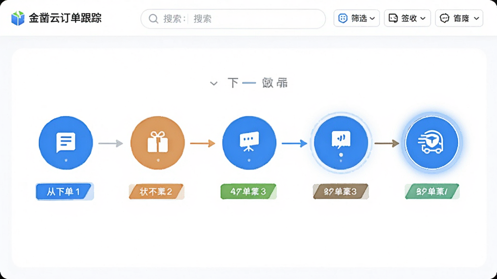 金凿云软件订单跟踪功能界面,显示从下单到签收的五个步骤节点,每个节点有图标和状态颜色区分,当前步骤高亮显示,页面顶部有搜索框和筛选标签,整体UI简洁现代,蓝色主题色,白色背景,画质清晰,无多余元素,图片文字