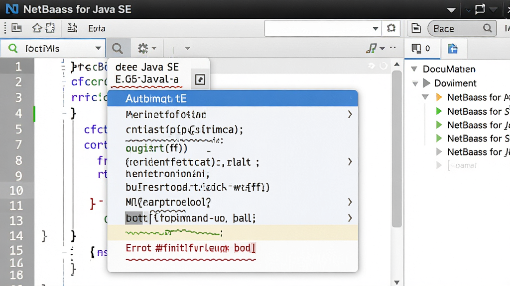 主体:NetBeans for Java SE 编辑器特写,显示自动补全下拉列表和错误提示波浪线。布局:中央编辑区聚焦,右侧显示文档大纲。排版:代码行号清晰,补全窗口友好。风格:细腻、现代、高对比度。细节:补全列表包含方法签名和说明,错误提示有颜色区分。画质:高分辨率,干净,无多余元素。