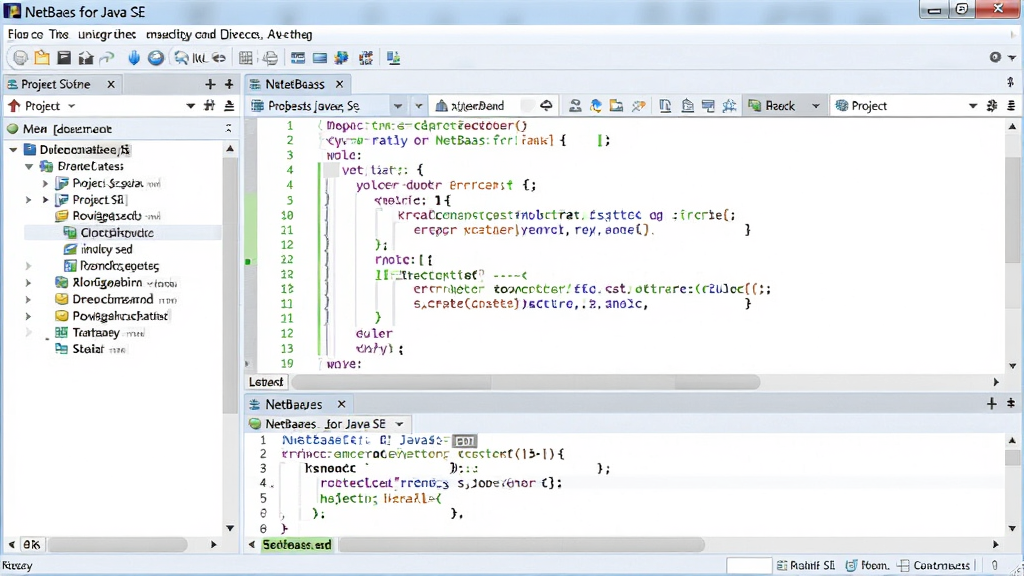 主体:NetBeans for Java SE 的集成开发环境界面,显示代码编辑区、项目导航树和输出控制台。布局:左侧项目浏览器,中央代码高亮编辑器,底部状态栏,窗口排列整齐。排版:简洁的现代 IDE 布局,菜单栏清晰。风格:科技感、专业、明亮色调。细节:代码字体清晰,语法高亮,界面图标精致。画质:4K 超清,干净,无多余元素。