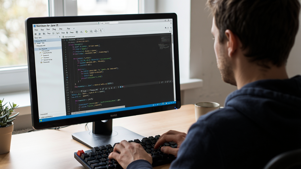 主体:NetBeans for Java SE 使用场景,开发者正在编写代码。布局:电脑屏幕显示 IDE,人物背影,桌面整洁。排版:屏幕内容占主体,光线柔和。风格:真实摄影风格,自然光。细节:键盘有敲击动作,代码清晰可辨。画质:高清,干净,无多余元素。