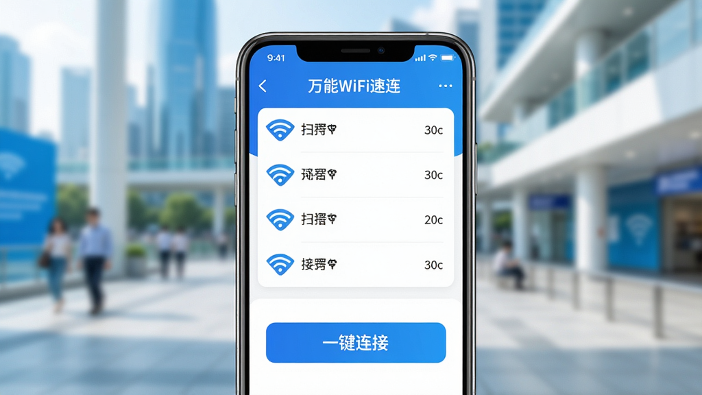一幅展示智能手机屏幕显示“万能WiFi速连”应用界面的高清图片,主界面有扫描到的WiFi列表和醒目的“一键连接”按钮,背景是模糊的现代城市公共空间,光线明亮,色彩以蓝色和白色为主,整体布局简洁清晰,风格写实,细节丰富,画质干净无多余元素。