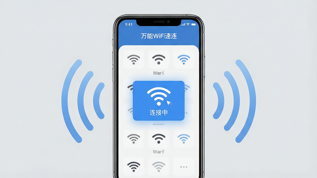一张展示“万能WiFi速连”应用在手机桌面上运行的截图风格图片,屏幕中显示扫描到的多个WiFi信号,其中一个被高亮标记并带有“连接中”字样,手机周围有无线信号波纹特效,背景为浅灰色,整体风格简约科技感,布局居中,细节清晰,画质干净。