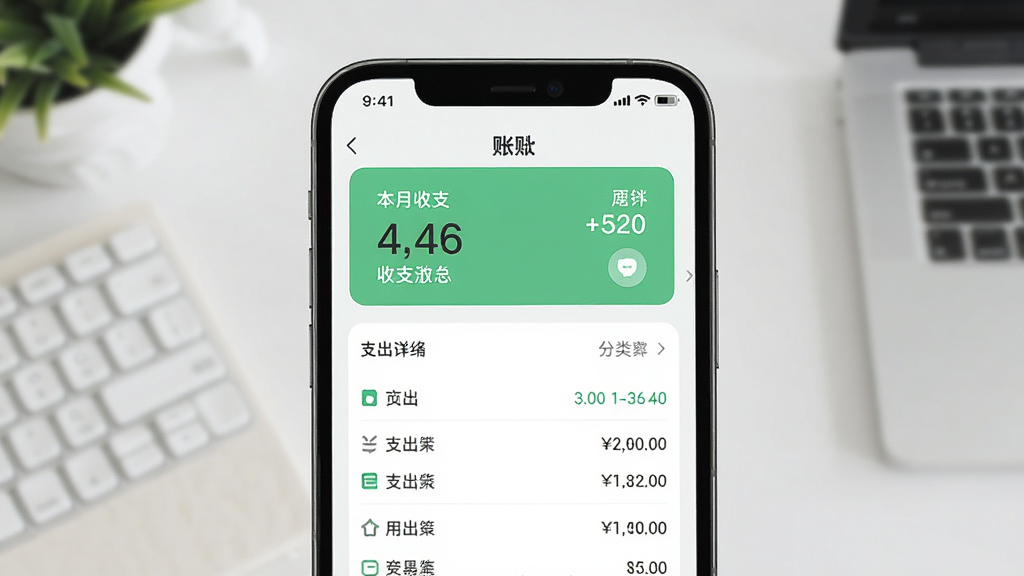 三花小账本APP主界面预览图,手机屏幕展示极简风格的记账列表,上方显示本月收支汇总卡片,下方为分类清晰的支出明细,整体布局简洁清爽,浅色背景搭配绿色主题色,扁平化设计风格,高清画质,干净无多余元素