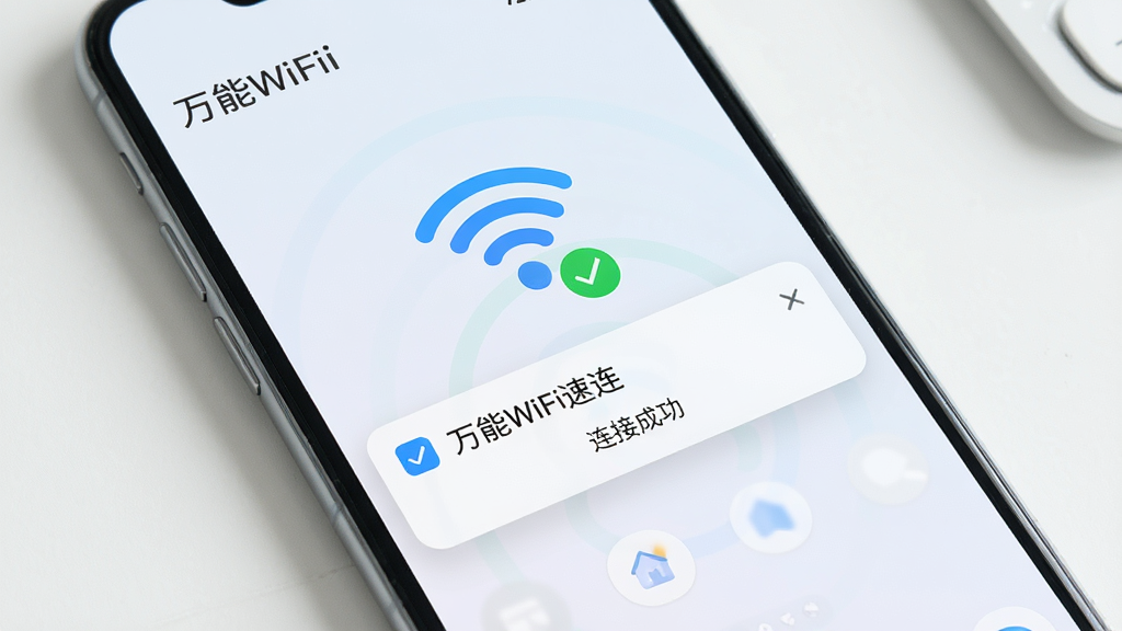 一张显示“万能WiFi速连”软件在手机后台运行并弹出“连接成功”通知的图片,手机屏幕有蓝色WiFi图标和绿色对勾,背景为简洁的桌面壁纸,整体风格干净明亮,布局清晰,细节丰富,画质高清。