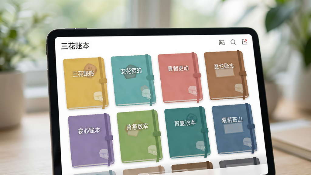 三花小账本多账本管理界面示意图,屏幕上展示多个不同颜色封面的账本卡片,每个卡片上标注不同账本名称,背景虚化处理,突出主体,布局错落有致,风格清新自然,画质细腻,干净无多余元素