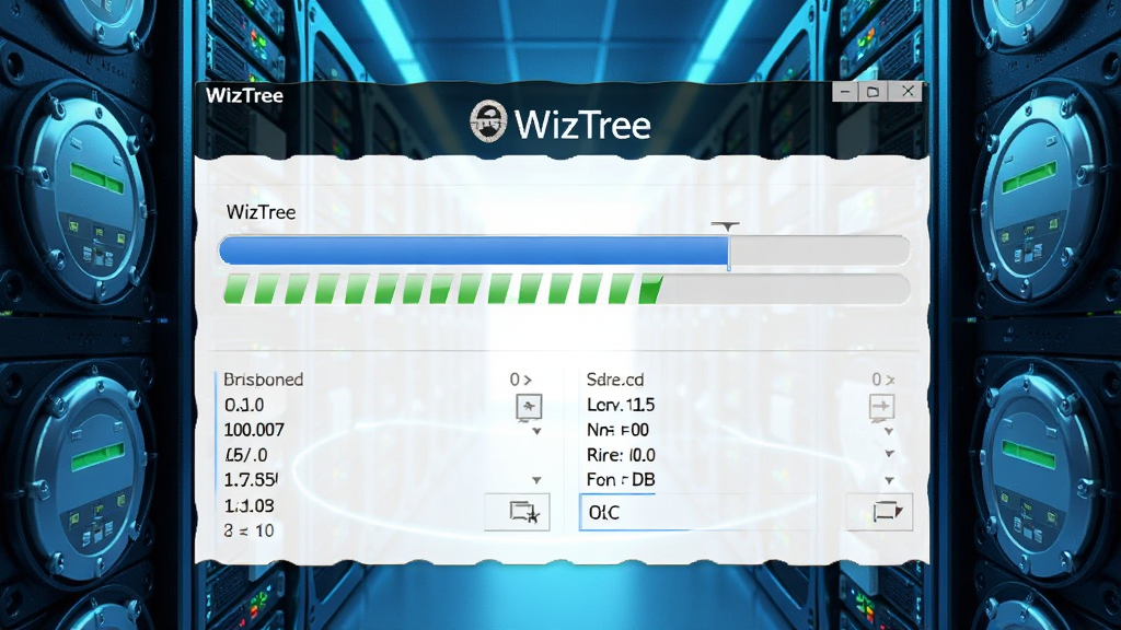 展示WizTree高速扫描过程,界面中央显示进度条与实时统计数据,背景为硬盘阵列,风格科技感十足,色彩明亮,细节丰富,画质清晰,软件名称“WizTree”出现在界面顶部。
