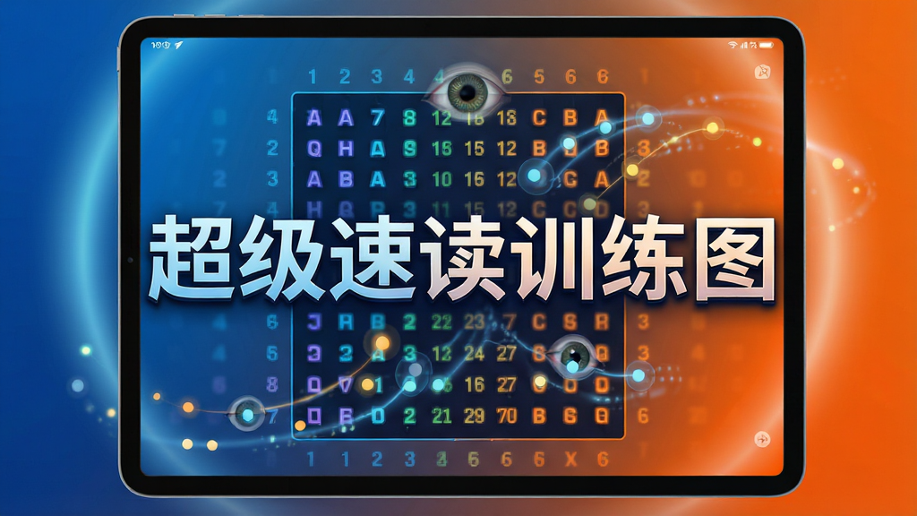 高清数字绘图风格,主体为超级速读训练图软件在平板电脑上的全屏界面展示,界面中显示色彩分明的舒尔特方格与流动的引导光点,布局采用中心对称,四周有柔光晕染,整体色调为科技蓝与活力橙渐变,细节上突出数字跳动的动感与瞳孔反射的专注感,画质细腻干净,无多余元素,画面中央叠加艺术字“超级速读训练图”