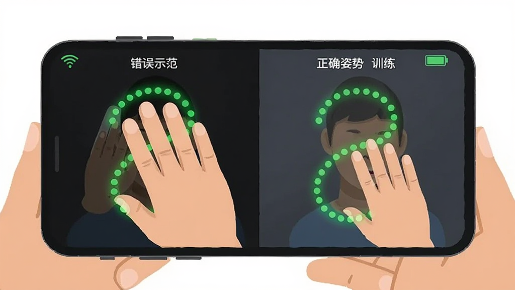 扁平化插画风格,主体为智能手机横屏握持在手中,屏幕显示超级速读训练图的轨迹追踪界面,绿色光点组成蜿蜒曲线,布局为左右分屏对比图,左侧是错误示范(手遮挡屏幕),右侧是正确姿势,风格清新简洁,细节包括WiFi图标和电池电量图标,画质干净,无多余元素