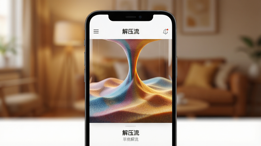 一张智能手机屏幕的特写,屏幕正展示一款名为“解压流”的应用界面,画面中央是色彩斑斓的流沙在重力作用下缓缓流动、堆积,形成柔美的沙丘,界面简洁干净,背景是模糊的暖色调室内环境,整体风格写实,画质高清,突出屏幕内流沙的细腻质感与光影效果,构图以手机为中心,周围留白,干净无多余元素
