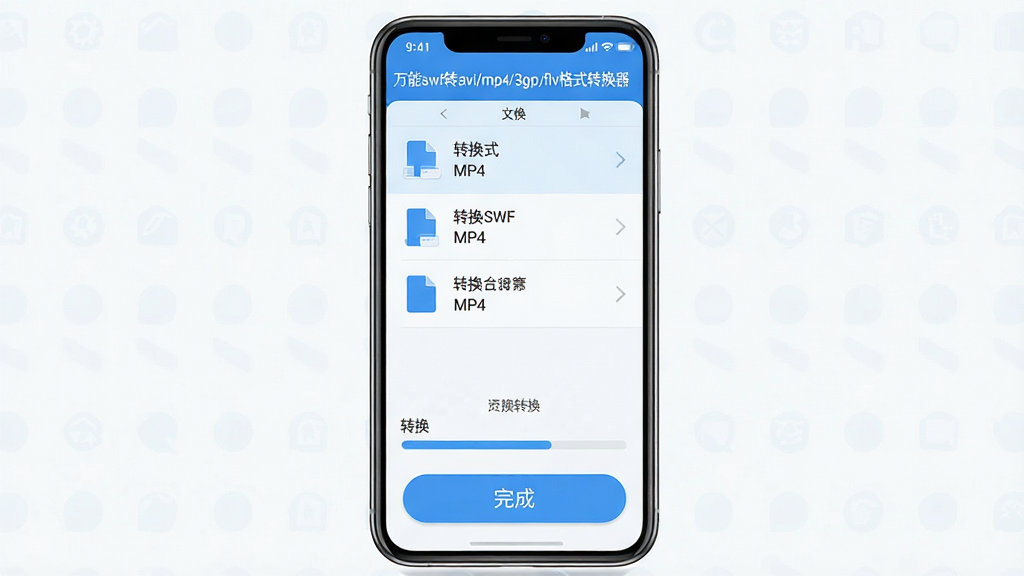 主体:手机屏幕上显示软件移动版界面,正在转换SWF文件,下方有进度条和“完成”按钮。布局:手机居中,界面竖直排列,文件列表和转换按钮清晰可见。排版:简洁的移动端UI,大按钮设计,适合触控。风格:浅色背景,蓝色主色调,圆角元素。细节:软件名称“万能swf转avi/mp4/3gp/flv格式转换器”显示在顶部,转换格式为MP4。画质:高清、干净、无多余元素。
