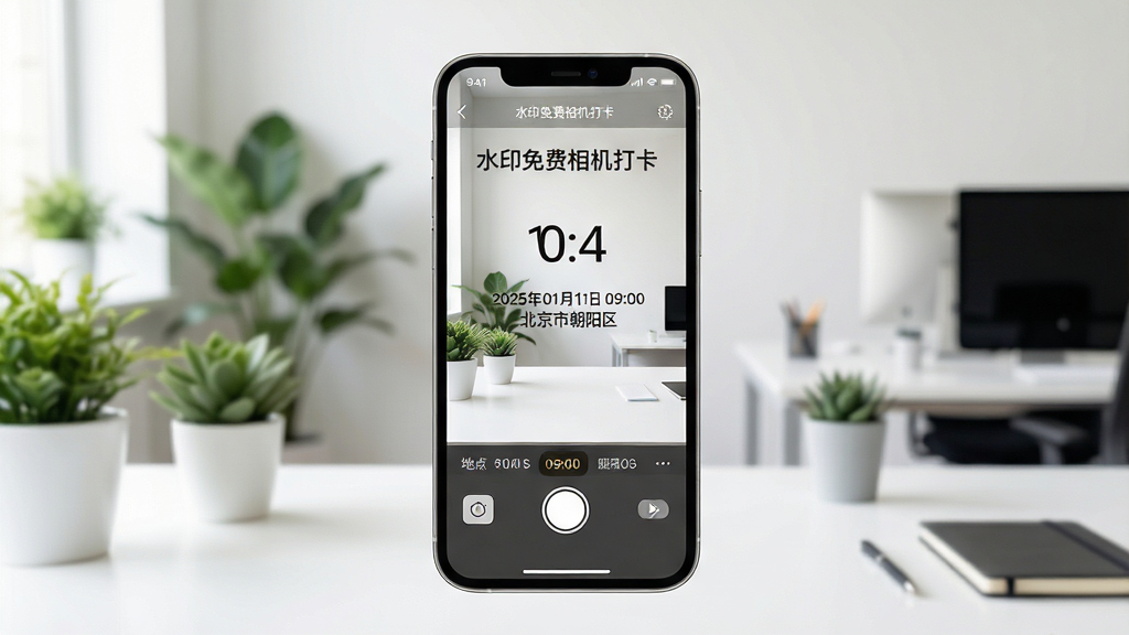 主体:一部智能手机屏幕展示「水印免费相机打卡」主界面,背景是明亮整洁的办公室;布局:手机居中,界面清晰显示时间、地点水印和拍照按钮,周围有绿植和办公桌;排版:简洁留白,突出APP界面;风格:写实摄影风格,色调清新自然;细节:屏幕中水印文字“2025年01月01日 09:00 北京市朝阳区”清晰可见,画面干净无杂物;画质:4K超清,干净,无多余元素。