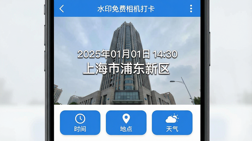 主体:「水印免费相机打卡」APP界面特写,展示一键生成的水印效果;布局:界面分为上下两部分,上方为取景画面,下方为水印编辑工具栏;排版:功能图标整齐排列,水印文字醒目;风格:扁平化UI设计风格,配色以蓝色和白色为主;细节:取景画面中有一栋建筑物,水印显示“2025年01月01日 14:30 上海市浦东新区”,字体清晰,工具栏有“时间”“地点”“天气”按钮;画质:高清,干净,无多余元素。