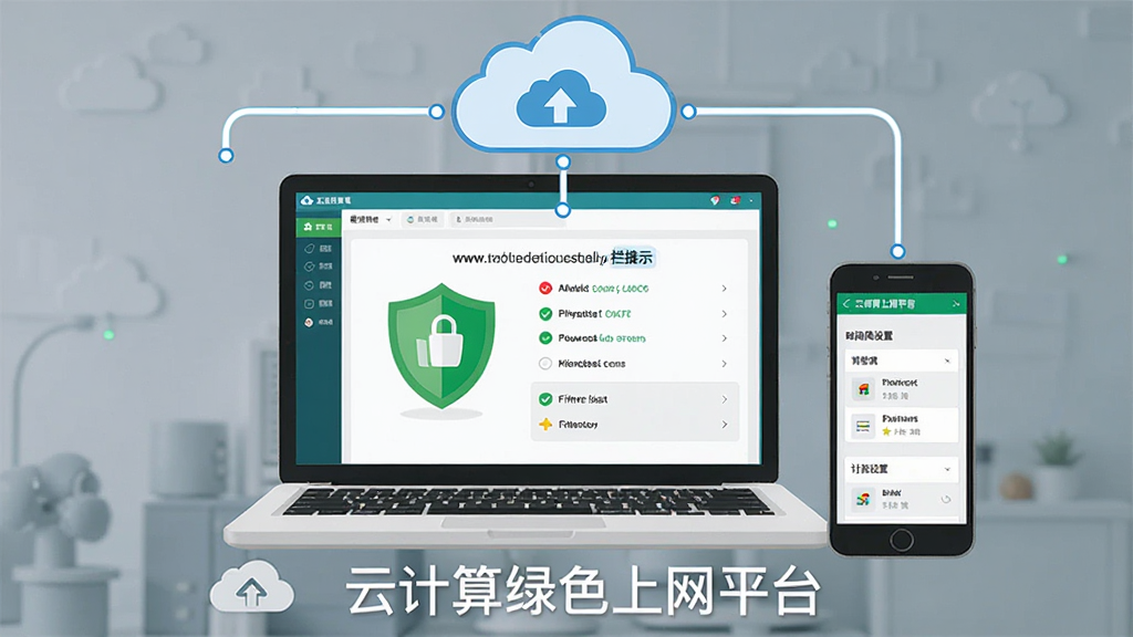 主体为“云计算绿色上网平台”软件界面预览图,居中展示一台笔记本电脑与一部手机并排连接云朵图标,屏幕上有绿色盾牌和过滤列表,布局清晰,排版整洁,扁平化风格,细节包含网址拦截提示与时间段设置面板,画质高清干净,无多余元素,图片文字标注“云计算绿色上网平台”
