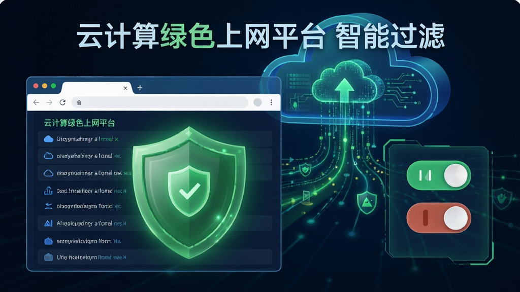 主体为“云计算绿色上网平台”智能过滤功能示意图,前景显示一个浏览器窗口被绿色盾牌遮挡,背景是云端数据流,布局左右分区,左侧为网址列表,右侧为拦截开关,排版简洁,科技感风格,细节突出AI识别与实时防护,画质高清干净,无多余元素,图片文字标注“云计算绿色上网平台 智能过滤”