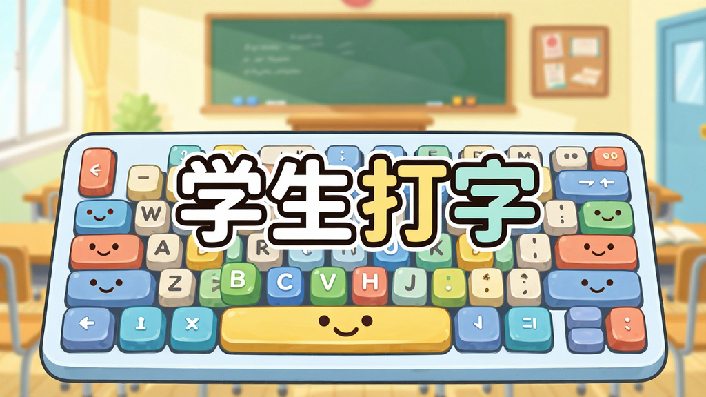 学生打字软件主界面预览图,采用卡通风格设计,主体为带有微笑表情的键盘和彩色字母块,布局中央展示“学生打字”字样,背景是明亮的教室场景,画质干净清晰,无多余元素