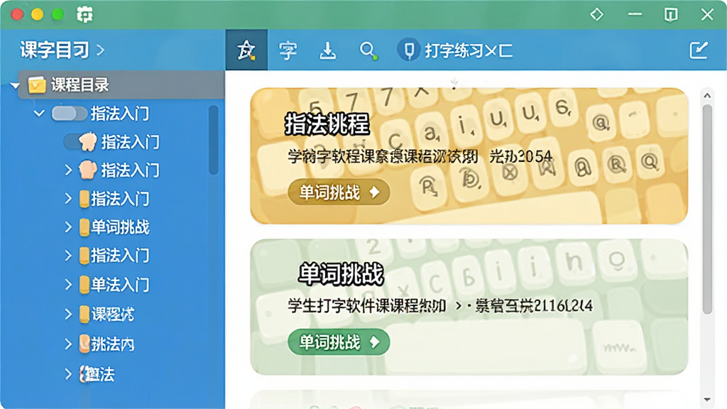 学生打字软件课程列表界面,布局为左侧课程目录树,右侧是打字练习区,展示“指法入门”与“单词挑战”等课程名称,界面风格扁平化,色彩明快,细节丰富,画质干净