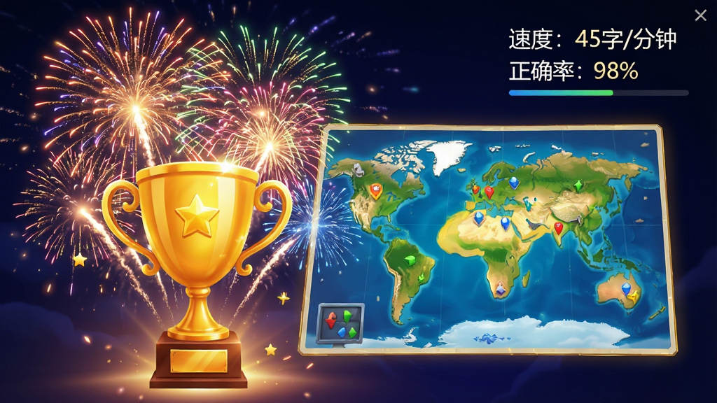 学生打字软件闯关成功界面,主体为绚丽的烟花特效和金色奖杯,背景是解锁的新地图,界面右上方显示“速度:45字/分钟”和“正确率:98%”,整体风格充满成就感,画质精美,无多余元素