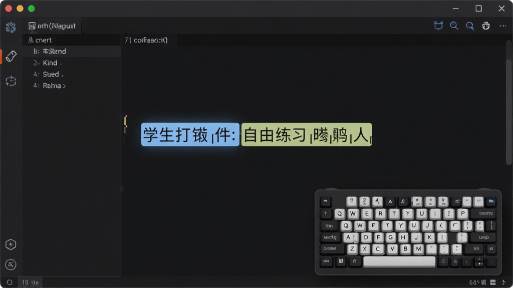 学生打字软件自由练习模式截图,主体为深色编辑器界面,键盘指法示意图悬浮在右下角,界面中央显示高亮的易错字符,布局清晰,风格偏极简科技感,画质干净