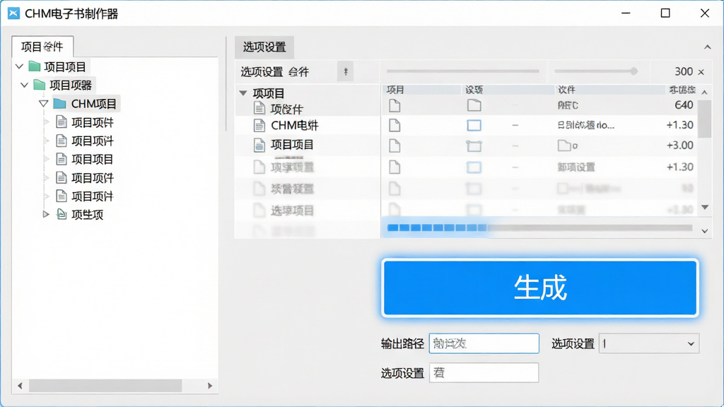 主体:CHM电子书制作器的编译界面,一个大大的“生成”按钮高亮显示,周围有进度条和文件列表;布局:界面居中,按钮置于右下角,左侧是项目文件树;排版:简洁明了,文字标签清晰;风格:清爽的浅灰色背景,扁平化设计;细节:按钮下方有“输出路径”和“选项设置”字段;画质:高清,干净,无多余元素。