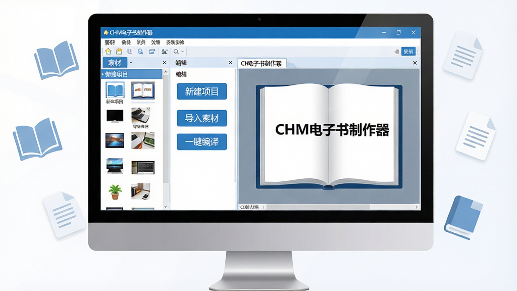 主体:一台运行着CHM电子书制作器软件的电脑屏幕,屏幕中显示软件主界面,左侧是素材列表,右侧是预览窗口,窗口内有一本翻开的电子书,标题为“CHM电子书制作器”;布局:电脑居中,屏幕内容清晰可见,周围有淡淡的书本和文档图标漂浮;排版:界面整洁,菜单栏、工具栏、编辑区层次分明;风格:现代扁平化,蓝白主色调,科技感;细节:屏幕上有“新建项目”“导入素材”“一键编译”等按钮;画质:高清,干净,无多余元素。
