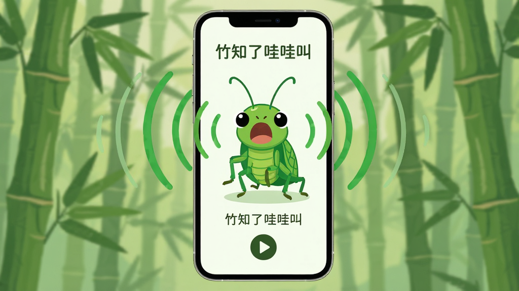 主体为一部正在播放声效的智能手机,屏幕中央有一只翠绿色的竹知了卡通形象,嘴巴张开呈鸣叫状,周围有绿色的声波扩散。布局采用手机居中、背景虚化竹林的构图,排版简洁明快。风格为扁平化插画风,细节包括竹叶纹理、声波线条和播放按钮。画质高清干净,无多余元素,屏幕中显示“竹知了哇哇叫”字样。