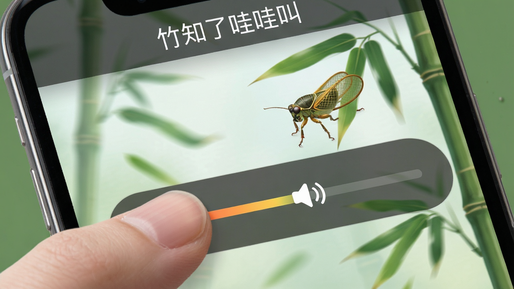 主体是一只手指正在智能手机屏幕上滑动音量调节条,屏幕背景是竹知了鸣叫的动态壁纸。布局采用手机屏幕特写、手指从左下角滑入的构图。风格为UI界面截图风,细节包括音量图标、进度条颜色渐变和壁纸上的竹叶飘动。画质清晰干净,无多余元素,屏幕顶部显示“竹知了哇哇叫”字样。