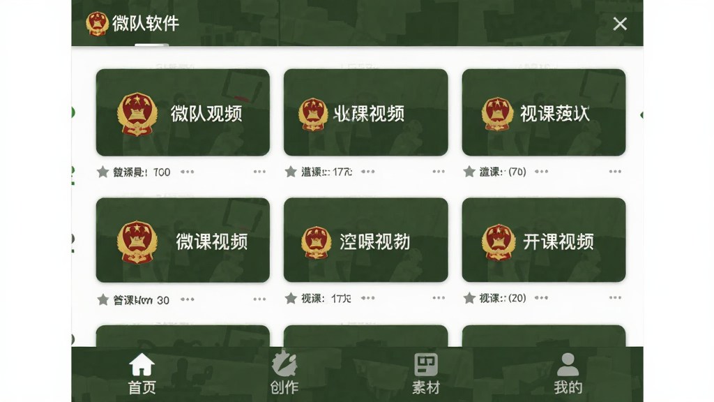 微队软件主界面预览图,展示部队风格深绿色主题,底部导航栏包含首页、创作、素材、我的四个标签,中间区域呈现微课视频列表,每个视频卡片带有军徽标识和标题文字,整体布局简洁清晰,扁平化设计风格,画质干净,无多余元素