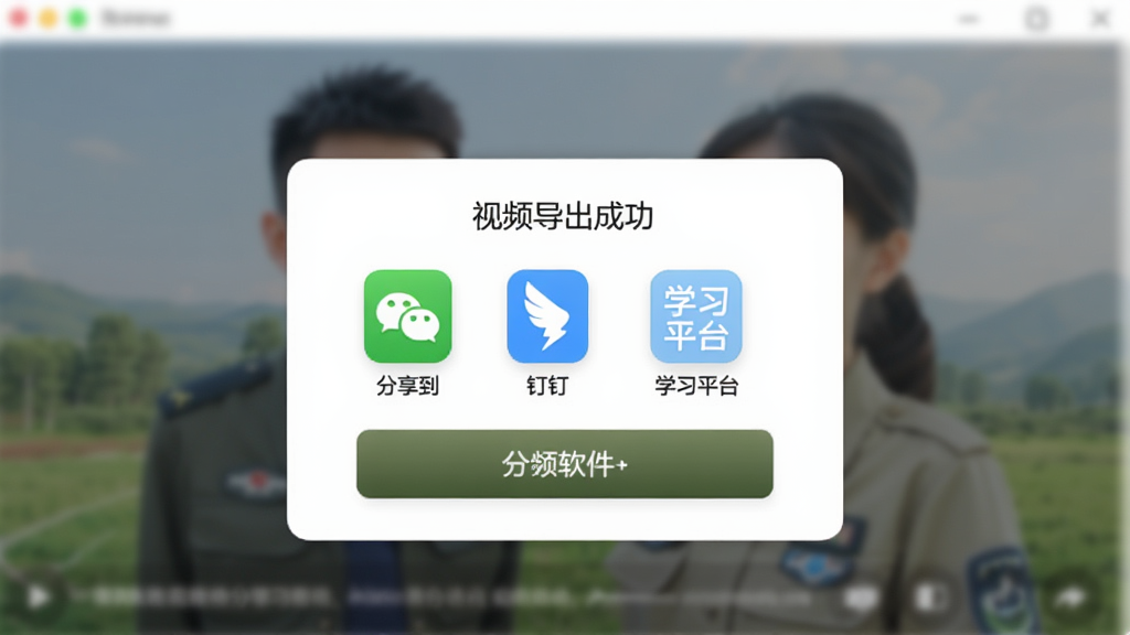 微队软件分享功能界面,展示视频导出成功后的弹窗,包含分享到微信、钉钉、学习平台等图标按钮,背景是模糊处理后的视频封面,整体风格简洁友好,按钮带有军绿色渐变效果,画质干净,无多余元素
