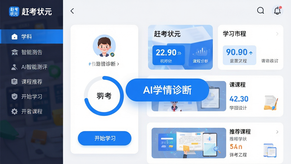 主体:赶考状元App学习界面,展示AI智能测评与课程推荐。布局:左侧为学科导航栏,右侧为学习报告卡片与推荐课程列表,中间突出“AI学情诊断”按钮。排版:清晰的信息层级,卡片式设计,重点数据用蓝色高亮。风格:现代扁平化,教育科技感,色彩明亮。细节:屏幕中显示“赶考状元”Logo,学生头像,进度环图,以及“开始学习”按钮。画质:4K超清,干净,无多余元素。