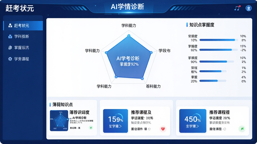 主体:AI学情诊断界面,显示雷达图与知识点掌握度。布局:中央为学科能力雷达图,下方列出薄弱知识点及推荐课程卡片。排版:图表与卡片交错,简洁明了。风格:科技蓝与白色为主,数据可视化风格。细节:标注“赶考状元”品牌名,“掌握度92%”等数据,雷达图五维指标。画质:高分辨率,干净,无多余元素。