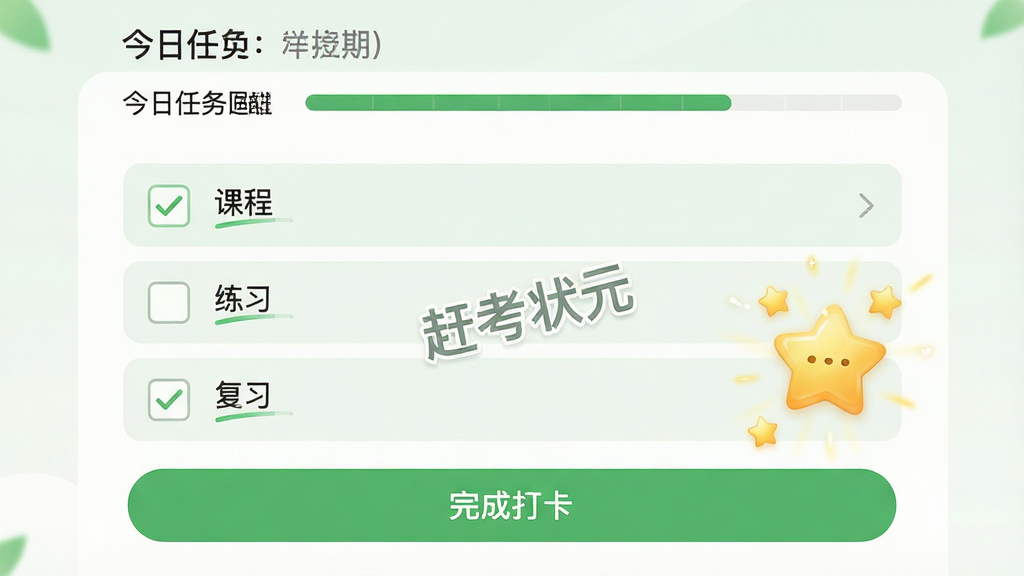 主体:学习计划页面,显示今日任务与督学提醒。布局:顶部为日期与进度条,中部为任务列表(含课程、练习、复习),底部为“完成打卡”按钮。排版:清单式,简洁有序。风格:清新绿色调,激励风格。细节:任务前有复选框,标注“赶考状元”水印,打卡成功弹出星星动画。画质:高清,干净,无多余元素。