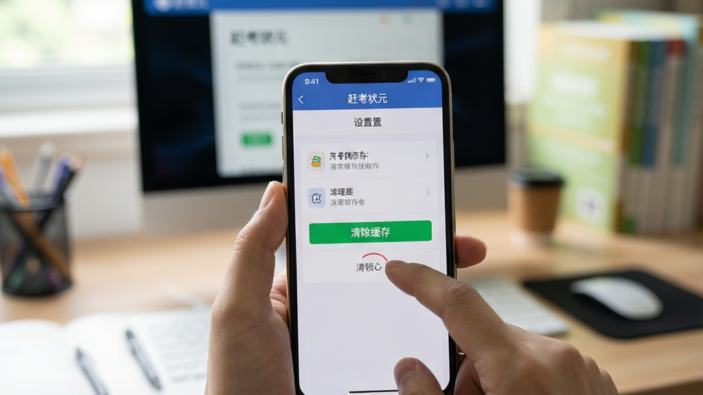 主体:用户正在手机上操作赶考状元App,解决卡顿问题。布局:前景为手机屏幕显示“清理缓存”选项,背景为模糊的电脑与学习桌。排版:手机居中,突出操作细节。风格:写实生活照,自然光线。细节:手机屏幕显示“赶考状元”设置页,有“清除缓存”绿色按钮。画质:高清,干净,无多余元素。