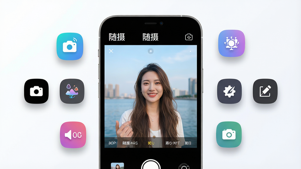 主体:随摄APP界面与拍摄功能展示。布局:手机屏幕居中,周围漂浮着拍摄按钮、滤镜图标、编辑工具等元素。排版:手机界面清晰显示主界面与功能图标,背景简洁。风格:现代科技感、高清晰度、明亮色调。细节:屏幕内展示“随摄”LOGO与拍照界面,图标带有柔和阴影。画质:8K超清,干净,无多余元素。