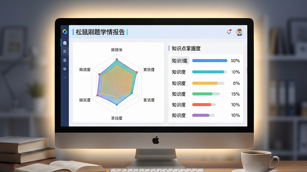 主体:电脑屏幕上的松鼠刷题学情报告界面,左侧是雷达图,右侧是知识点掌握度百分比列表。布局:报告页面占据画面三分之二,周围有柔和的光晕,前景散落着几本书和一杯咖啡。排版:信息层级分明,图表色彩鲜艳,文字标签清晰。风格:现代科技感与学习氛围结合,界面干净整洁。画质:高分辨率,干净,无多余元素。