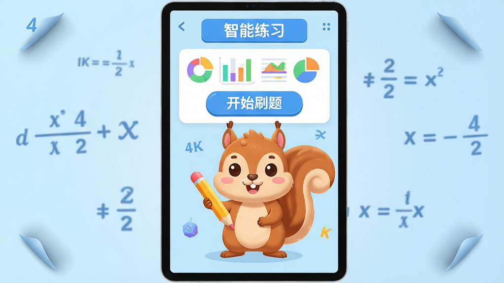 主体:松鼠刷题软件界面在平板电脑上显示的竖屏截图,画面中央是一只可爱的卡通松鼠拿着铅笔。布局:界面顶部显示“智能练习”蓝色标题栏,下方是彩色数据图表和“开始刷题”大按钮。排版:主体居中,背景为柔和的浅蓝色渐变,四角有轻微的阴影和漂浮的数学公式符号。风格:扁平化插画风,色彩明快,细节丰富,高精度渲染。画质:4k,干净,无多余元素。