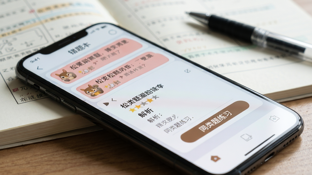 主体:手机屏幕特写,显示松鼠刷题的错题本界面,列表中有几道标红的错题。布局:手机横置在桌面,背景是模糊的作业本和笔。排版:屏幕内容清晰可读,其中一道题展开显示了解析和“同类题练习”按钮。风格:写实摄影风格,浅景深效果,光线柔和。画质:高清晰度,干净,无多余元素。