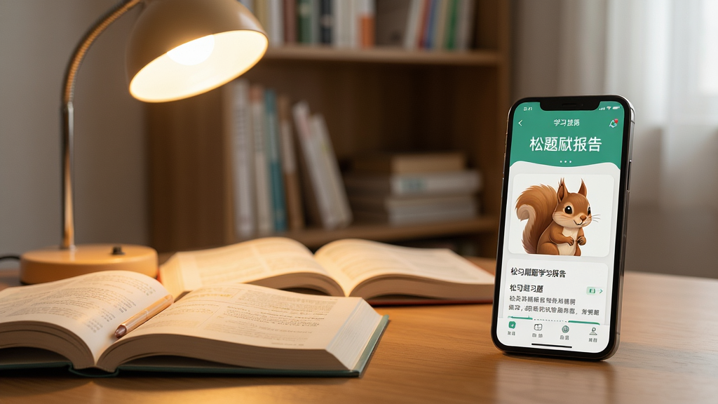 主体:一张书桌,桌面上摆放着手机,屏幕显示松鼠刷题的学习报告页面。布局:手机在画面右侧,左侧是一盏台灯和几本摊开的课本,背景是书架。排版:整体画面温馨,光线自然,手机屏幕内容清晰可见。风格:生活写实摄影风,色彩温暖,细节丰富。画质:高清,干净,无多余元素。