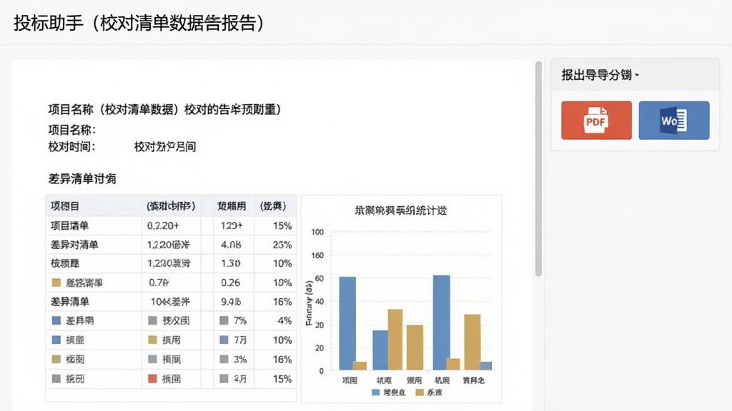 投标助手(校对清单数据)报告生成界面截图,展示一份已生成的校对报告预览,报告包含项目名称、校对时间、差异清单表格和统计图表,右侧为报告导出选项,提供PDF和Word格式按钮,整体界面简洁,排版清晰,画质干净,无多余元素