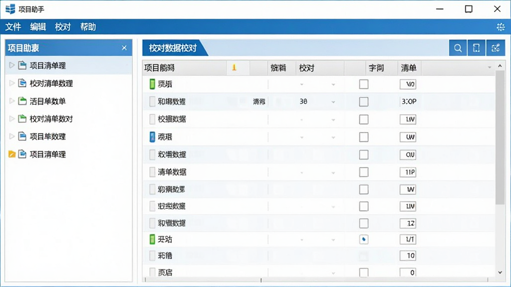投标助手(校对清单数据)主界面截图,展示软件整体布局,左侧为项目列表,右侧为清单数据校对详情面板,顶部菜单栏包含文件、编辑、校对、帮助选项,整体风格简洁商务,蓝白配色,界面干净整洁,画质清晰,无多余元素