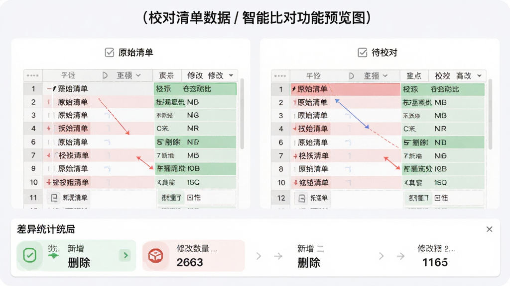 投标助手(校对清单数据)智能比对功能预览图,界面中央显示两份清单文件的对比结果,差异部分用红色和绿色高亮标注,左侧为原始清单,右侧为待校对清单,底部为差异统计面板,包含新增、删除、修改数量,整体风格专业,数据展示清晰,画质干净,无多余元素