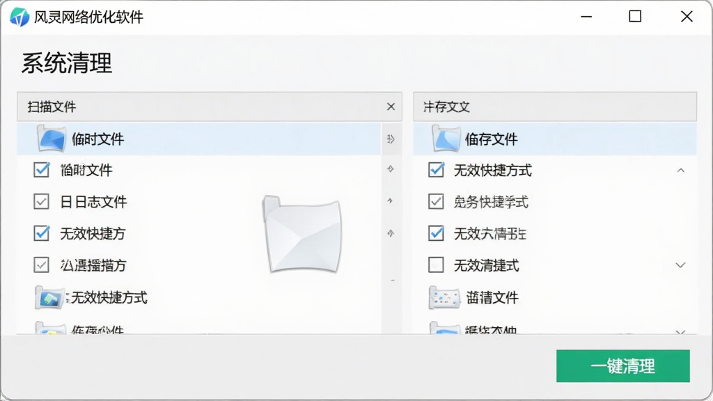 风灵网络优化软件的“系统清理”功能界面截图,界面中显示扫描出的缓存文件列表,包括临时文件、日志文件、无效快捷方式等,每个项目前有复选框,底部有“一键清理”按钮,整体设计清爽简洁,背景为柔和的浅灰色,突出功能实用性。