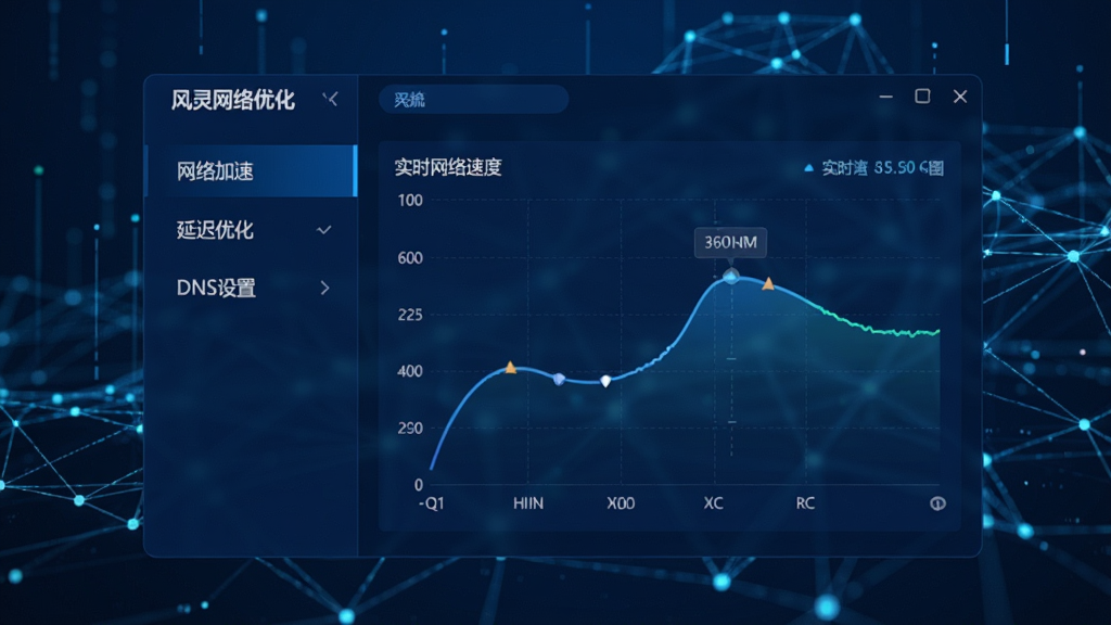 画面中央展示风灵网络优化软件主界面,界面设计简洁现代,采用深蓝色科技感主题,左侧功能菜单清晰列出“网络加速”“延迟优化”“DNS设置”等选项,右侧显示实时网络速度曲线图,背景为抽象的数字网络连接线条,整体风格专业且富有动感,画质高清,干净无多余元素。