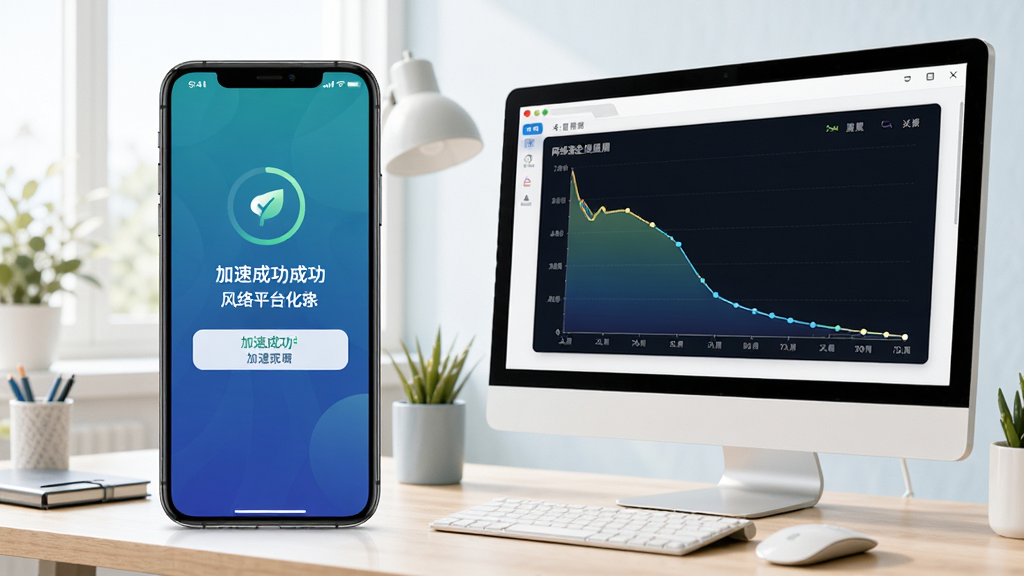 风灵网络优化软件在手机和电脑上同时运行的场景,手机屏幕显示加速成功的提示,电脑屏幕显示网络延迟曲线图,背景为明亮的工作台,整体色调清新,画质干净,体现跨平台使用体验。