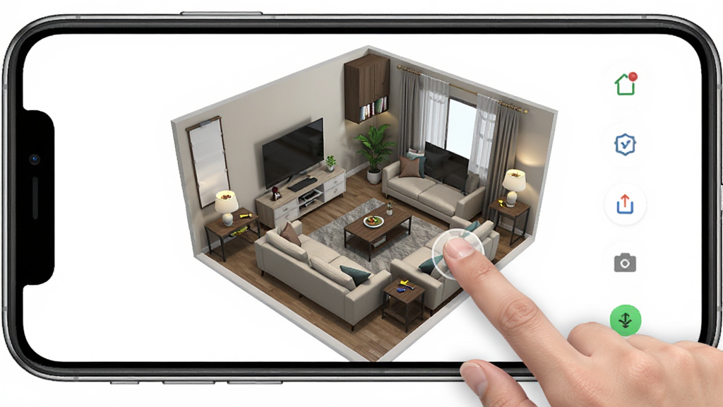 爱福窝装修设计软件移动端操作截图,手机屏幕显示3D家居模型,手指触控调整家具位置,界面简洁,布局合理,风格写实,细节丰富,画质高清干净无多余元素