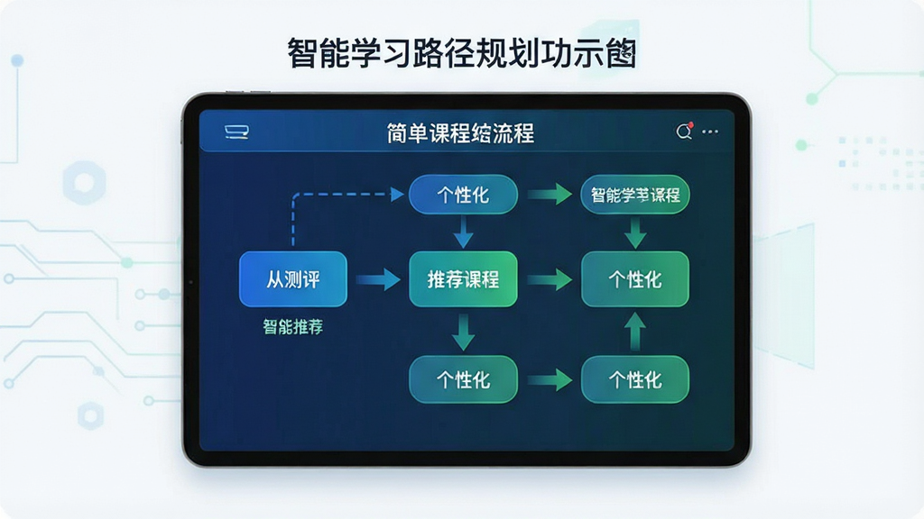 一张展示“简单课堂”智能学习路径规划功能的示意图,主体为一块平板电脑,屏幕中展示着从测评到推荐课程的流程图,布局采用信息图风格,节点清晰,箭头连接,整体风格简洁科技感,色调以蓝色与绿色为主,细节上标注“智能推荐”、“个性化”等字样,画质清爽,无多余元素。