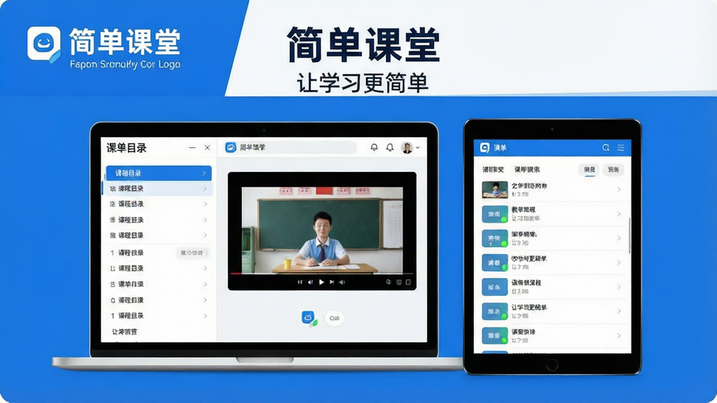 一张展示“简单课堂”软件核心功能的宽幅预览图,主体为笔记本电脑与平板电脑并排摆放,屏幕中展示着清晰的课堂直播界面与课程列表,布局采用左右分屏结构,左侧是课程目录,右侧是教学视频窗口,整体风格现代简约,色调以蓝白为主,细节上突出“简单课堂”的LOGO与“让学习更简单”的标语,画质高清,干净无多余元素。